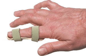 A hand with a finger wrapped in supports. 