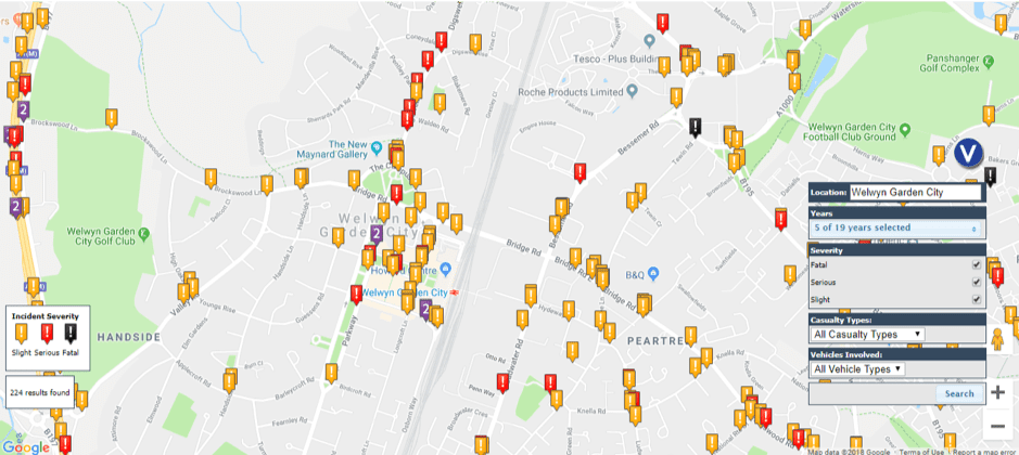 Welwyn Garden City road accident map