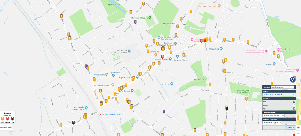 Borehamwood road accident map