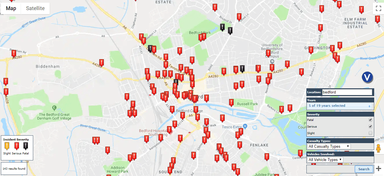 Bedford road accident hotspots