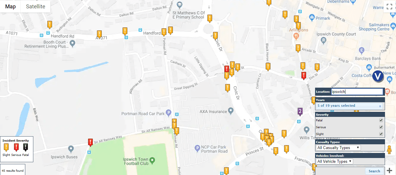 Ipswich road accident map