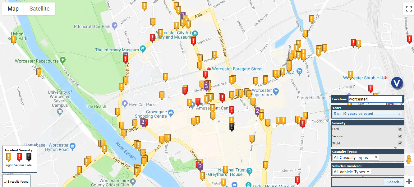 Worcester road accident map