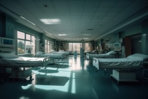 Interior of a hospital ward with beds and medical equipment and nobody inside.