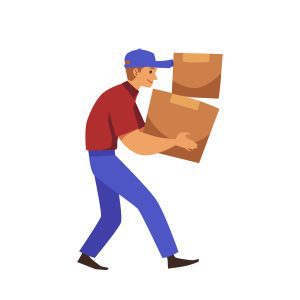 A stock image of a person in a red shirt, blue cap and blue trousers, who is carrying two large brown boxes.