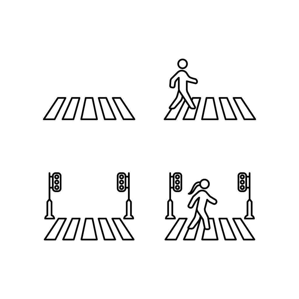 Four Drawings Of A Zebra Crossing With A Person Walking Across Two Of Them.