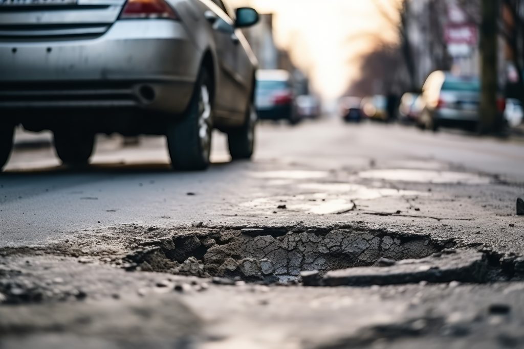 Car driving next to pothole in the road