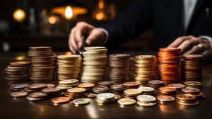 Stacks of gold, silver, and bronze coins in a row on a dark brown table. 