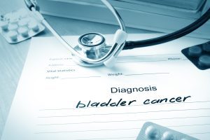 Medical notes with the words bladder cancer written on them. 