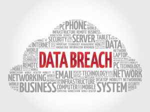 'Data breach' written in block capitals inside a cloud of computer terminology.