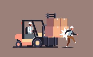 A graphic showing a person being struck by a forklift truck that is transporting boxes.