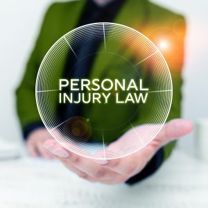 A personal injury solicitor holds a glowing bubble with the words personal injury law inside. 