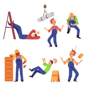 Multiple images depicting unsafe work practices leading to accidents, such as a slip and fall.