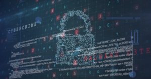 Digital lock made to look like malware over a screen of code.