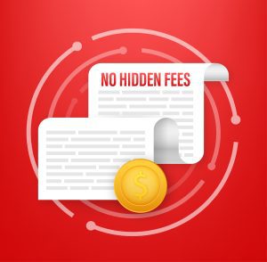 An illustration of a piece of paper with 'no hidden fees' written on it, on a red background. 