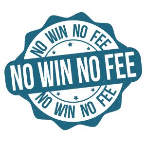 A blue 'no win no fee' stamp on a white background.