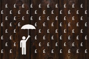 A vector graphic of a man with an umbrella with pound sterling symbols raining. 