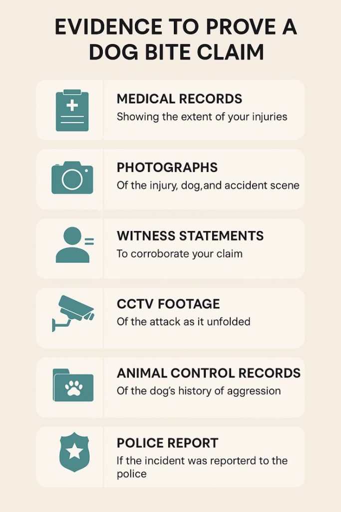 an infographic showing the evidence needed to support dog bite claims