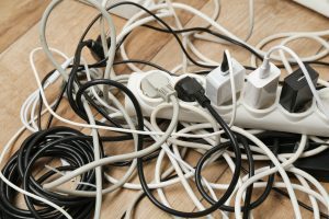 Office wires all tangled together 