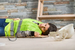 A construction worker in a hi-vis jacket laying on the ground after a fall