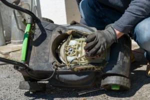 A gardener repairs a lawnmower.
