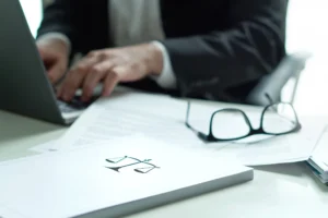 A solicitor preparing an NHS compensation payouts guide for their firm's website on a laptop